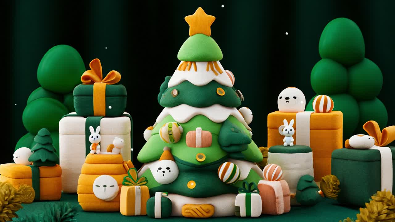 Uma cena encantadora de uma árvore de Natal fantástica cercada por presentes coloridos, com personagens charmosos e decorações vibrantes em um ambiente festivo divertido