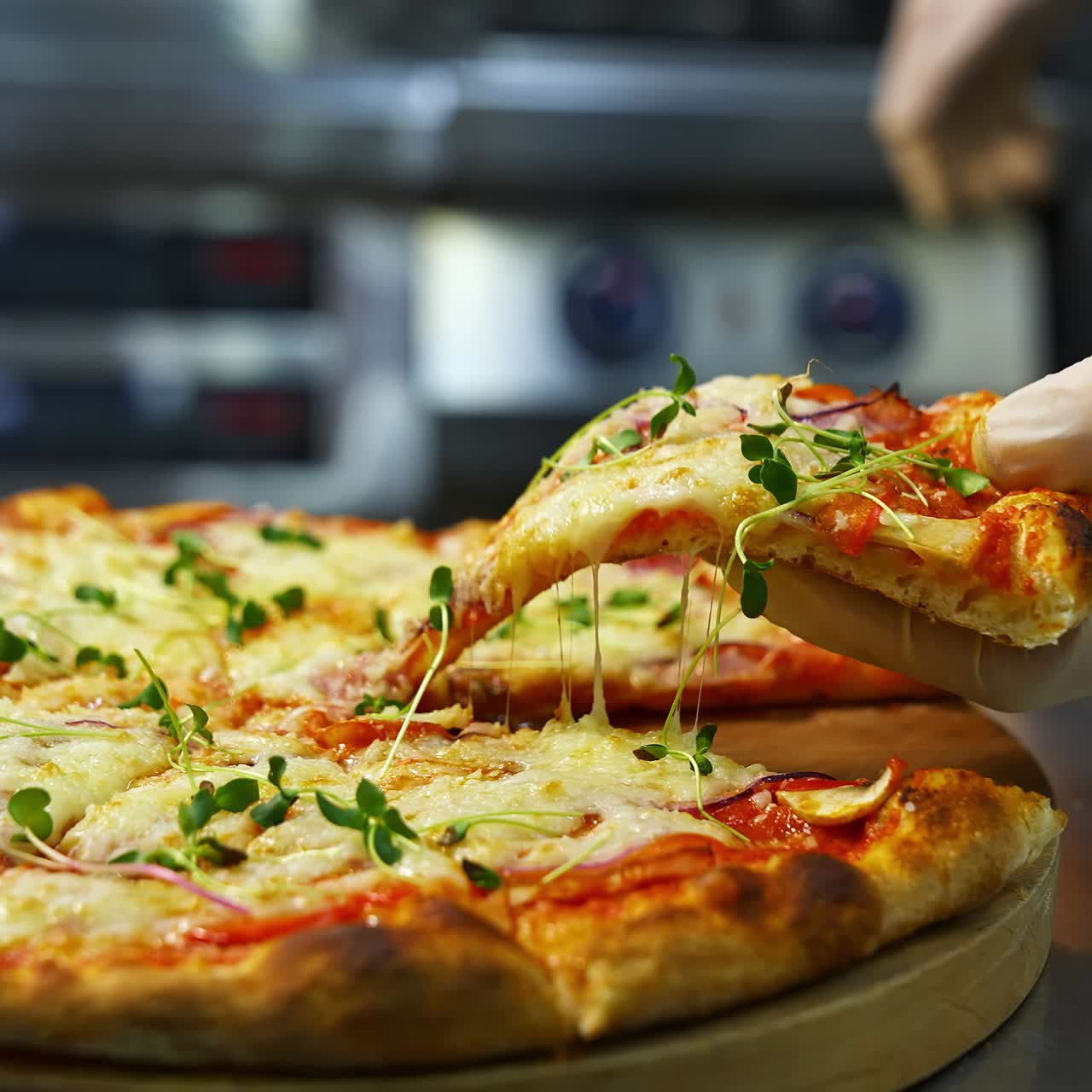 Hand taking pizza slice. Hot tasty pizza ready to eat. Pizza on a wooden board. Delicious pizza with fresh green sprouts. Close-up