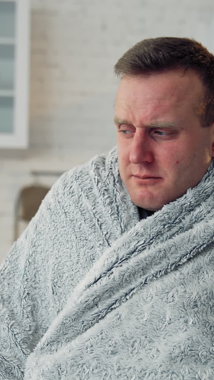 Sick man covered with warm blanket. Young man has a terrible headache and feeling ill at home. Infected man with virus. Coronavirus concept. Vertical video