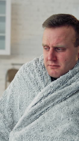 sick man covered with warm blanket. young man has a terrible headache and feeling ill at home. infected man with virus. coronavirus concept. vertical video