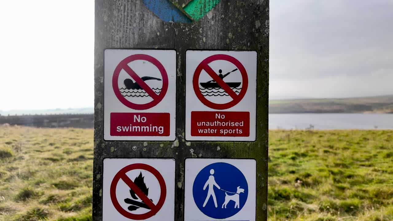 Burnhope Reservoir notice showing signs with regulations for public safety and environment