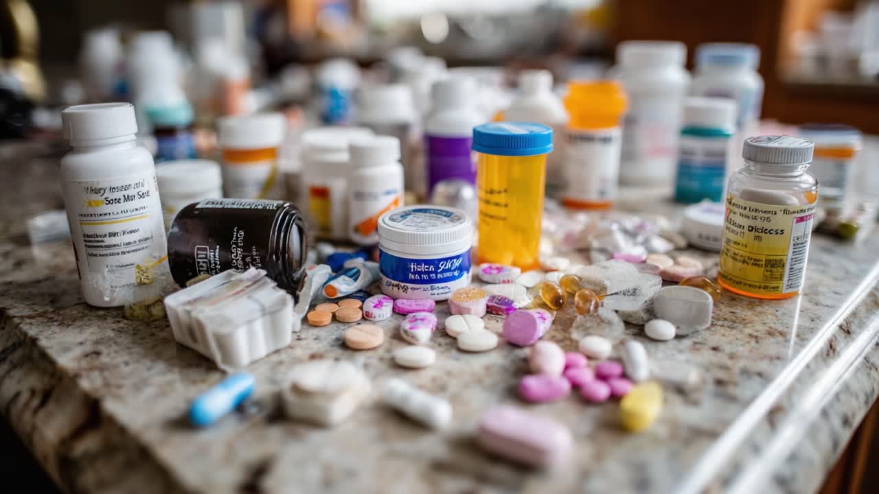 A Cluttered Table Filled with Various Prescription Medications and Pill Bottles, Highlighting the Importance of Medication Management and Proper Organization in a Household