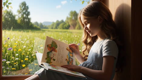 girl reading a book by the window in a beautiful meadow