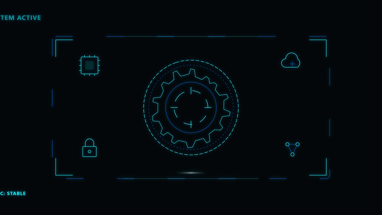 Futuristisk digital grænseflade med roterende tandhjul og systemstatusikoner