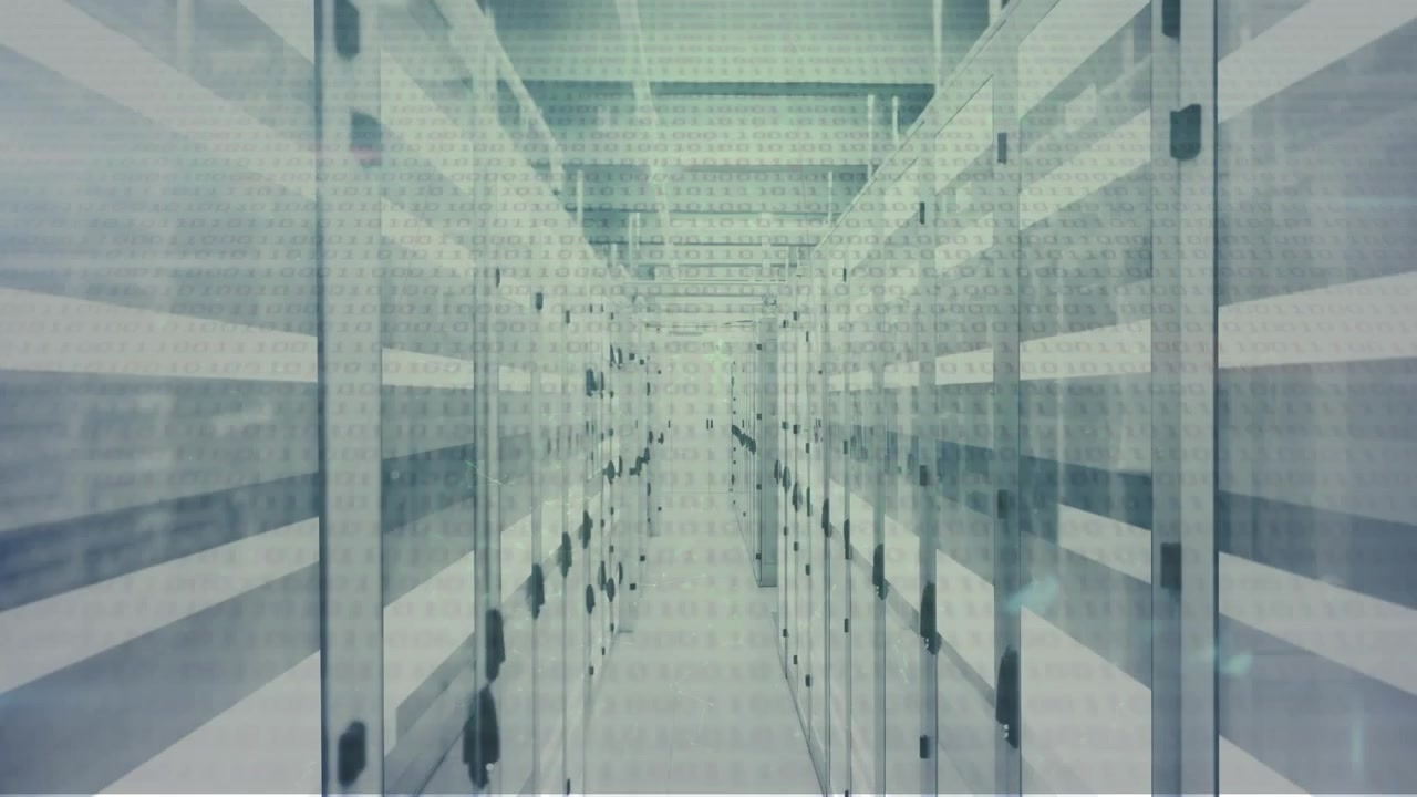 Animation of data processing and light trails against computer server room