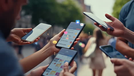 people's hands engaged with smartphones and social media interactions in a public setting
