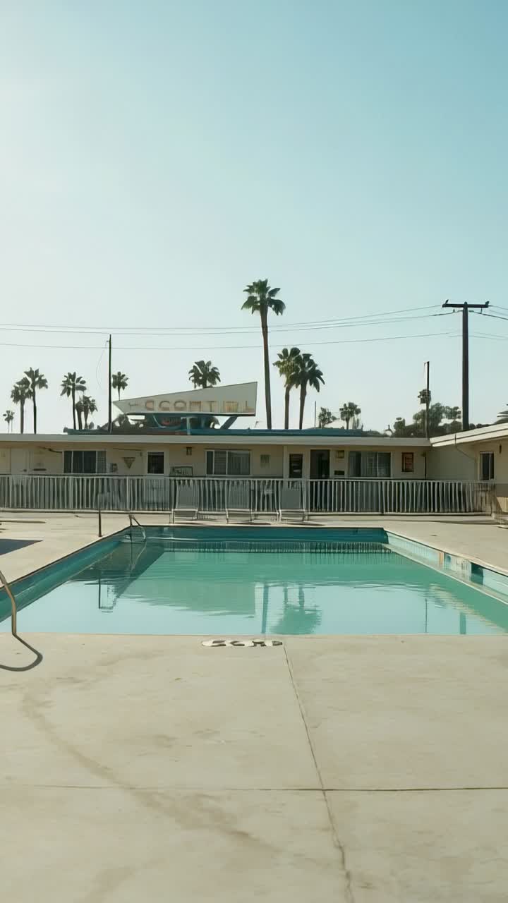 Vertical video: Rippling motel pool water and swaying palm fronds under mild breeze, metal ladder