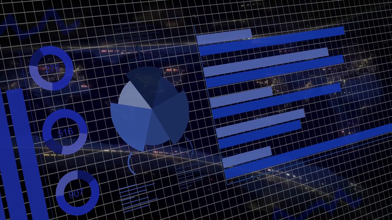 Vertical video: Tech charts panning right on play bars extending pie rotating on grid showing data