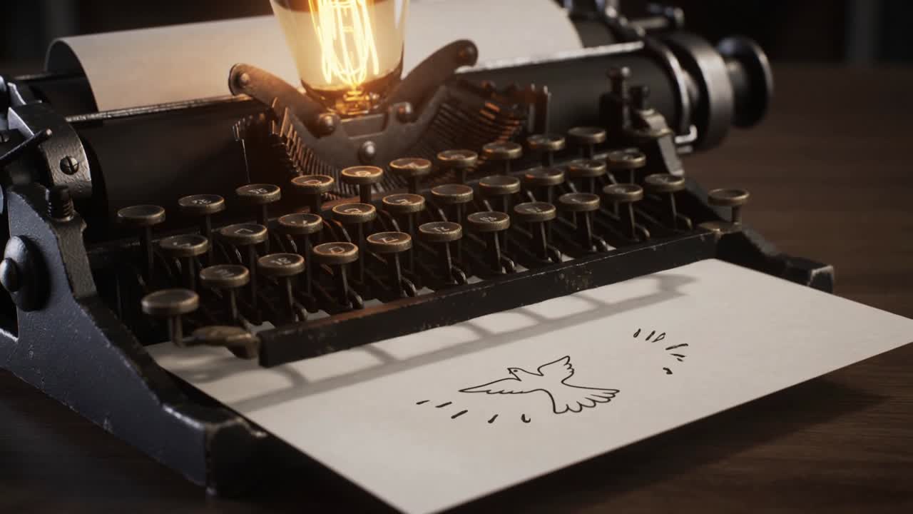 Macchina da scrivere vintage in movimento che inserisce la carta, si assesta e mostra un uccello animato che cambia sotto la lampada.