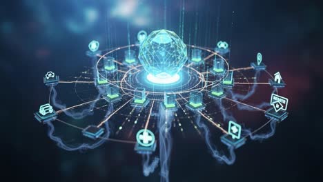 a futuristic representation of a digital network connecting various services through an interactive globe with symbols illustrating diverse applications