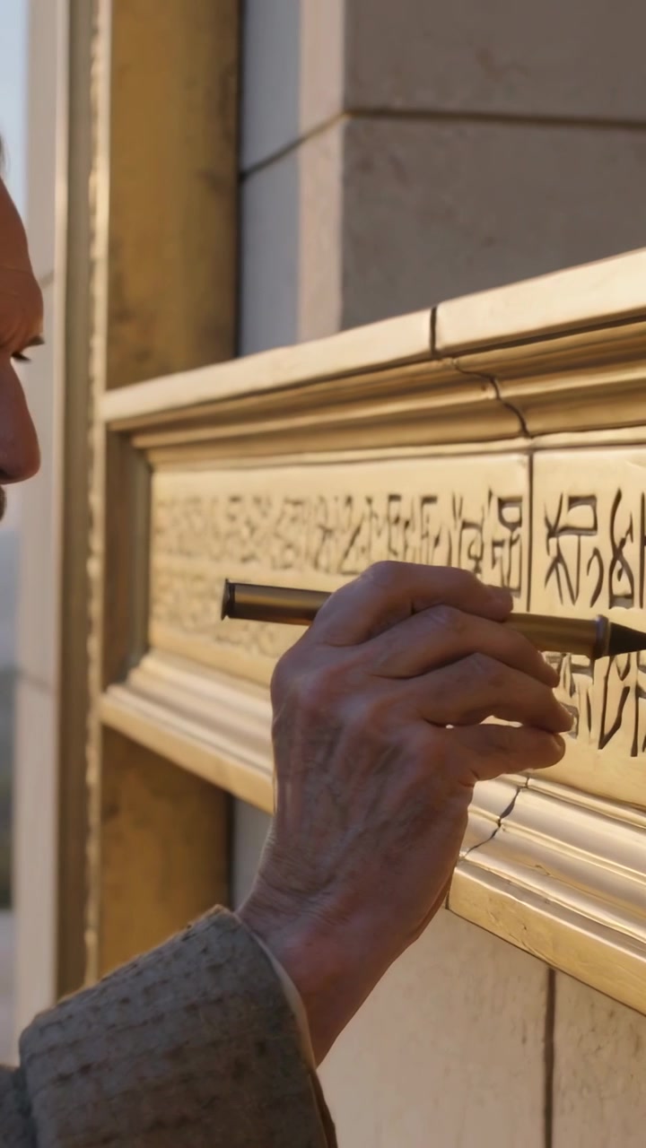 Vertical video: Low sun urging robed man tracing, checking frieze with stylus at facade, copy space