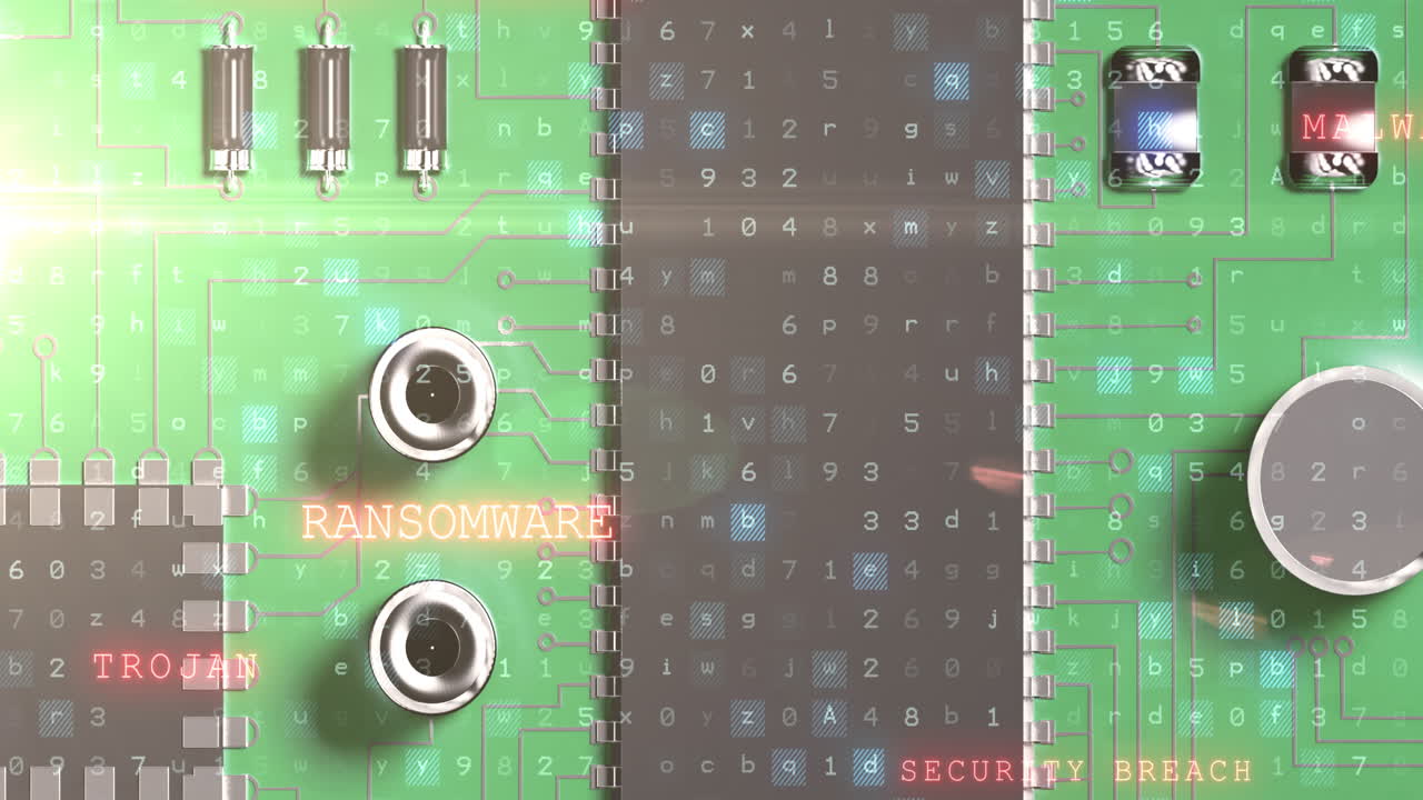 Animation of virus warning over computer circuit board and binary coding on green background
