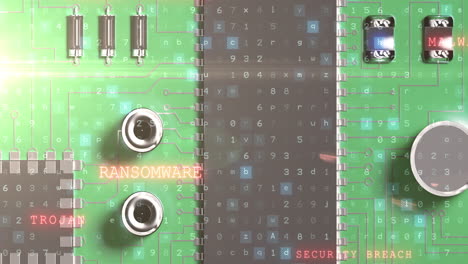 animation of virus warning over computer circuit board and binary coding on green background