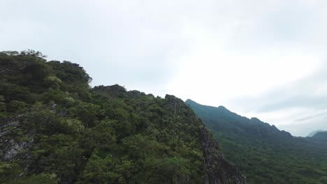 scenic aerial view of blue lagoon, laos, capturing sweeping valleys and rugged cliffs under a cloudy sky
