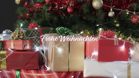 Frohe-Weihnachten-Test-Over-Christmas-Presents-And-Lights-Under-Decorated-Tree