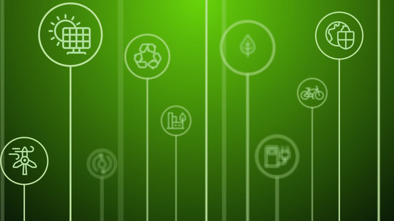 4K Abstract animation. Ecology, environment, eco background. Moving pass through lines, circles and icons.
