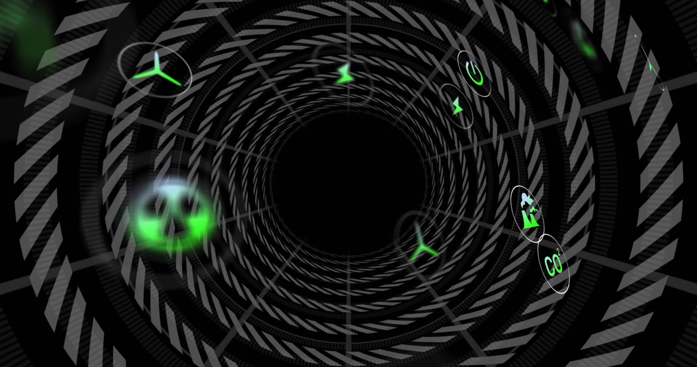 Beskuer træder ind i tunnel, trækker roterende ringe og neonikoner kredser, visualiserer energikoncepter.
