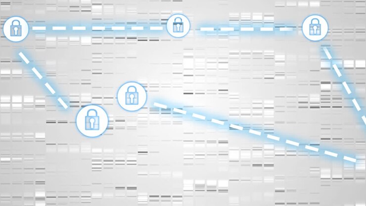 Animation of network of connections with online security padlocks over grey background