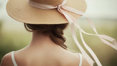a graceful woman with braided hair and a wide-brimmed straw hat adorned with a delicate ribbon, captured in a serene outdoor setting that expresses a tranquil summer vibe