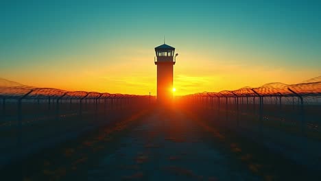 sunrise at the prison guard tower. a tranquil sunrise illuminates a guard tower at a prison, casting long shadows along the barbed wire fence.