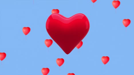 Rotes-Herz-Schlägt-Gegen-Mehrere-Herzförmige-Luftballons,-Die-Im-Blauen-Himmel-Schweben
