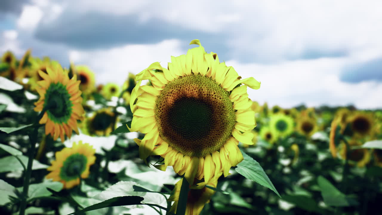 Vibrant sunflowers sway gently under a cloudy sky in a rural field