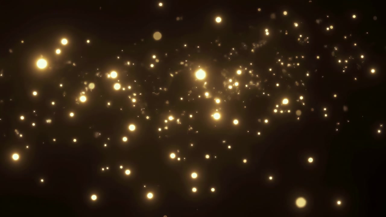 Partículas douradas cintilam como confetes cinematográficos sobre o palco, luzes bokeh quentes flutuam sobre um fundo escuro.