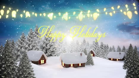 glowing lights and animation in snow-covered cottages with happy holidays text