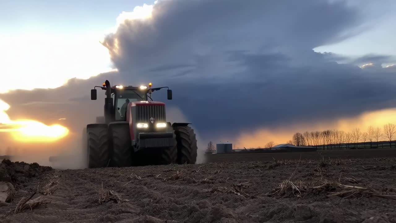 Video i lav engel af en traktor, der pløjer en mark ved solnedgang og fanger en dramatisk himmel