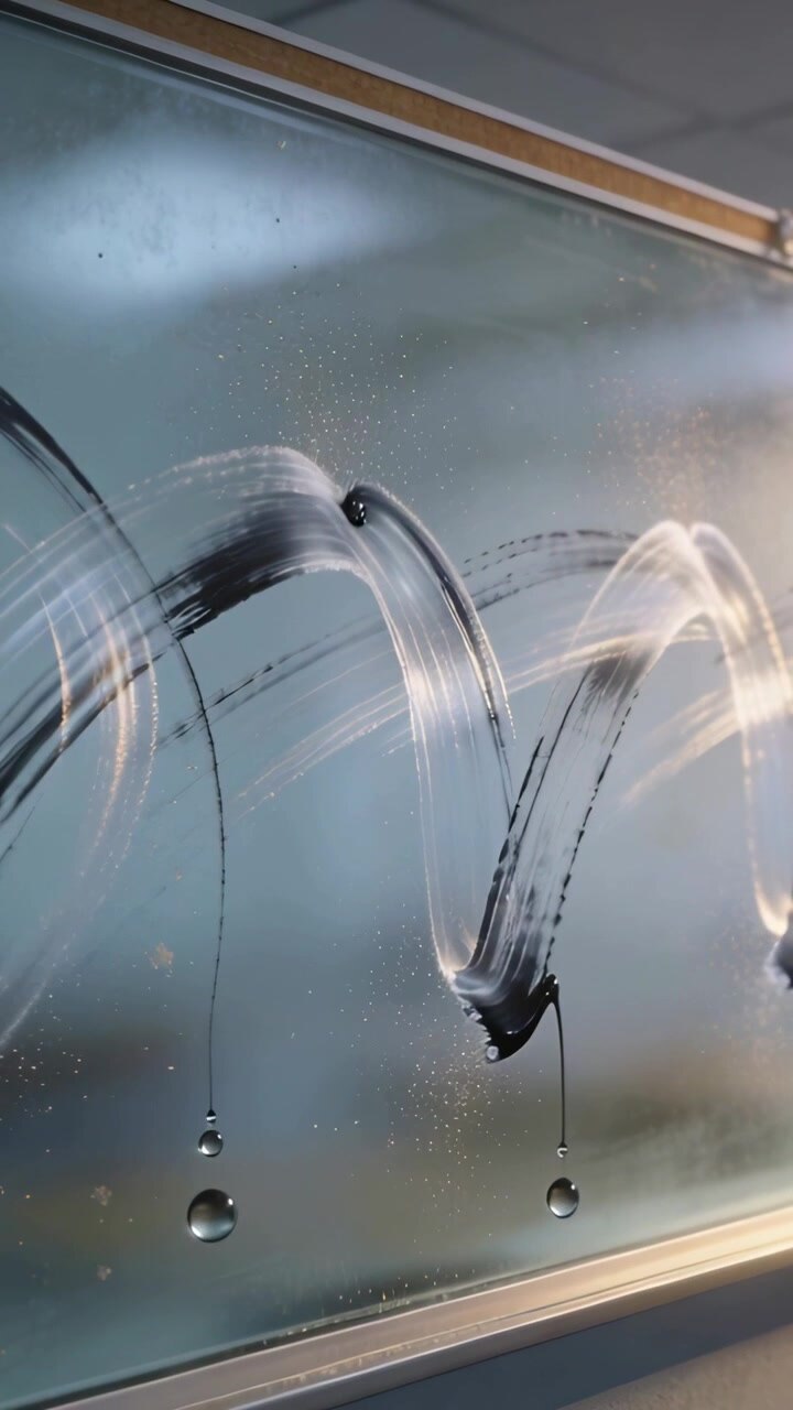 Video verticale: La gravità che trascina perline su una scia umida e ondulata lungo un pannello di vetro verticale, formando goccioline
