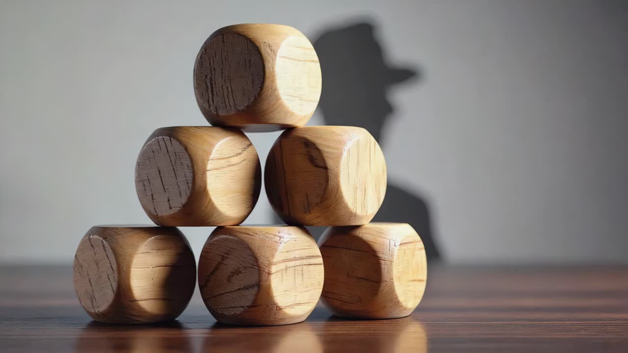 Wooden blocks stacked in a tower casting a shadow