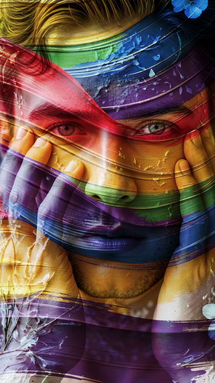 Vertical video: Seeing stripes, adult male peeling rainbow layers revealing face against plain wall