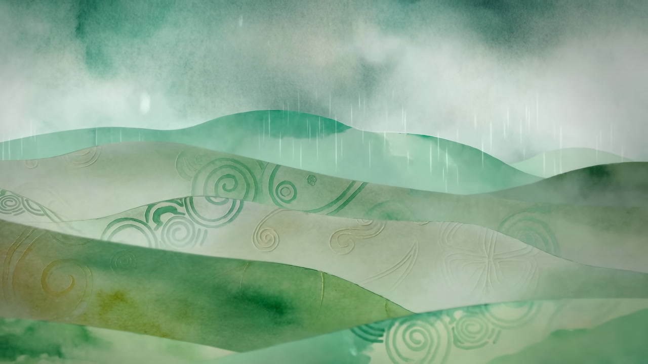 Misty Green Hills Under Soft Rain, Layered Watercolor Textures With Swirling Motifs And Pale Teal Fog Drifting