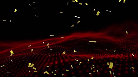 animation of gold confetti falling over undulating landscape of contoured red dots