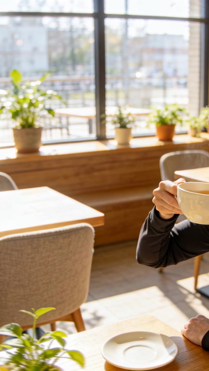 Vertical video: Woman reaching for mug in cafe, lifting, sipping, warming hands, gazing out window