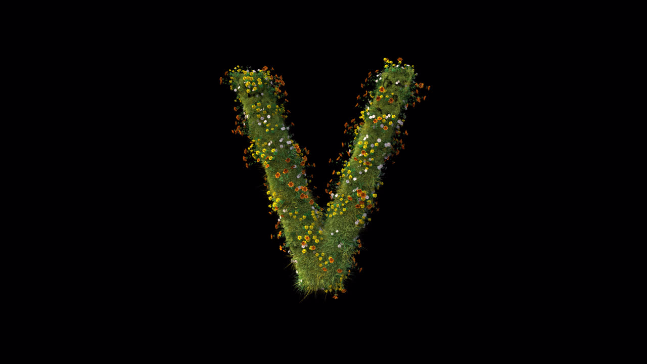 Lettera V animata che cresce con erba e fiori