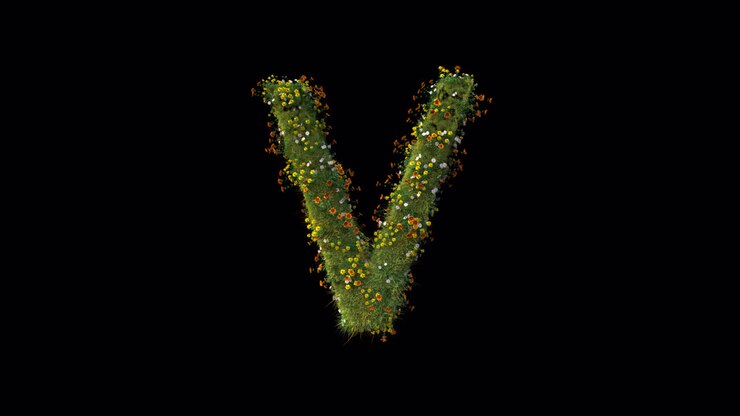 Lettera V animata che cresce con erba e fiori