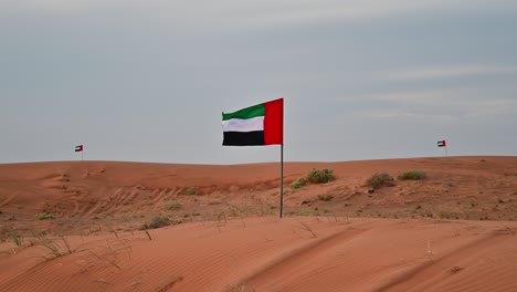 Flag-of-the-United-Arab-Emirates-waving-in-the-Arabian-desert,-cloudy-sky-in-Background,-the-National-symbol-of-UAE,-UAE-desert-side,-Winter-Days,-4K-Footage