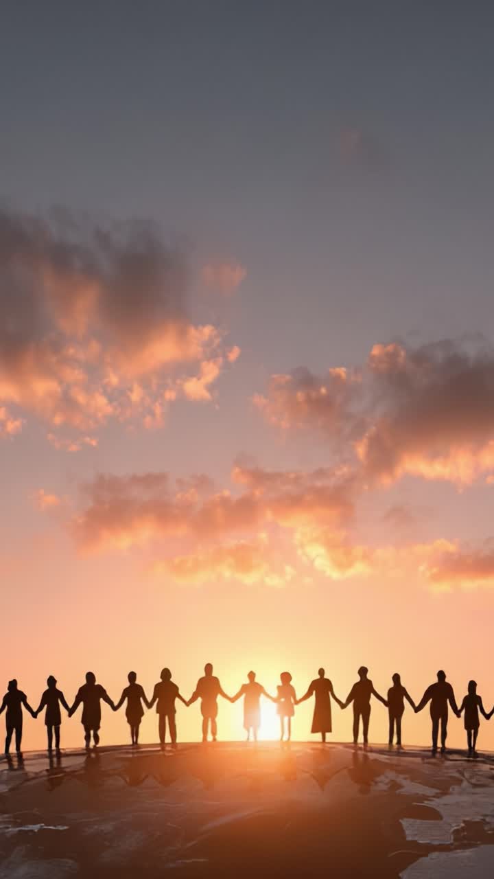 A Group of Silhouetted Individuals Holding Hands Against a Backdrop of a Beautiful Sunrise, Signifying Unity, Connection, and Hope in a Shared Journey