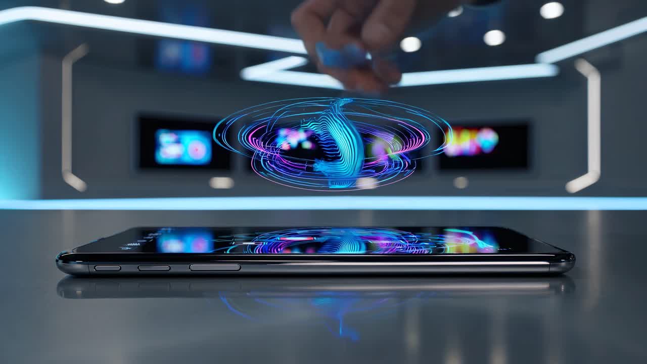 Futuristic video concept with a smartphone projecting a hologram. Low-angle shot in a sleek, modern