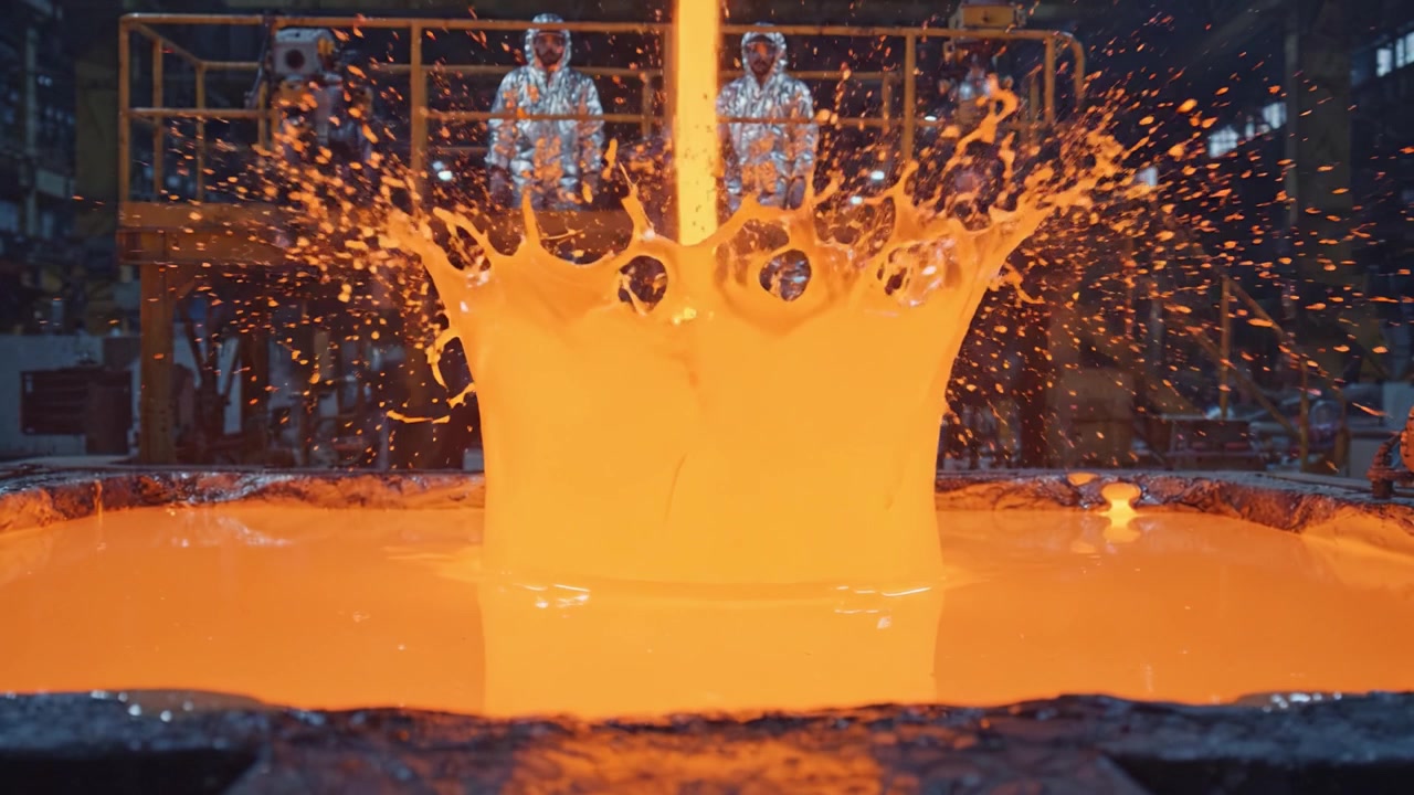 Processo di fusione del metallo con lavoratori in equipaggiamento protettivo che supervisionano la colata di metallo fuso da un forno in un ambiente di fabbrica industriale.