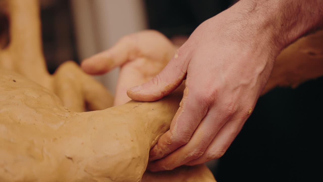Artist molding clay sculpture detail with bare hands in studio