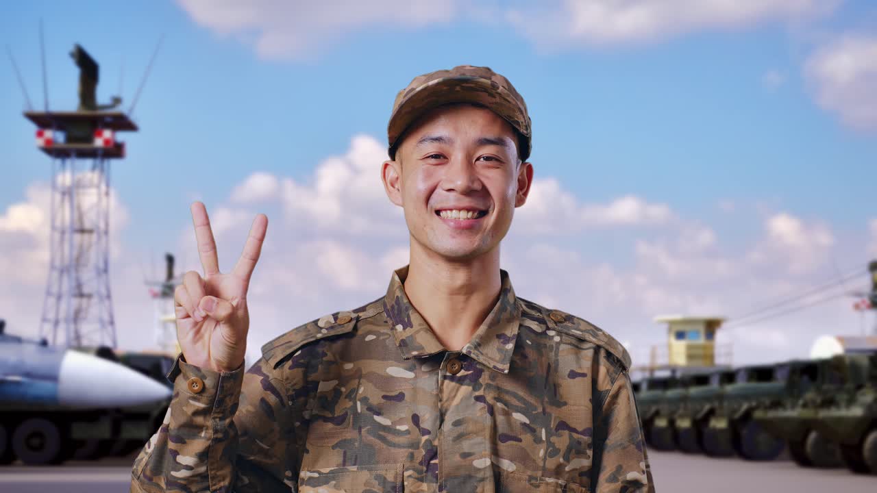 아시아 남성 군인이 미소 짓고 군사 캠프에 서 있는 동안 카메라에 평화의 몸짓을 보여줍니다.