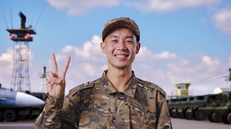 Primo piano di un soldato asiatico sorridente che fa il segno di pace alla telecamera mentre si trova in un campo militare