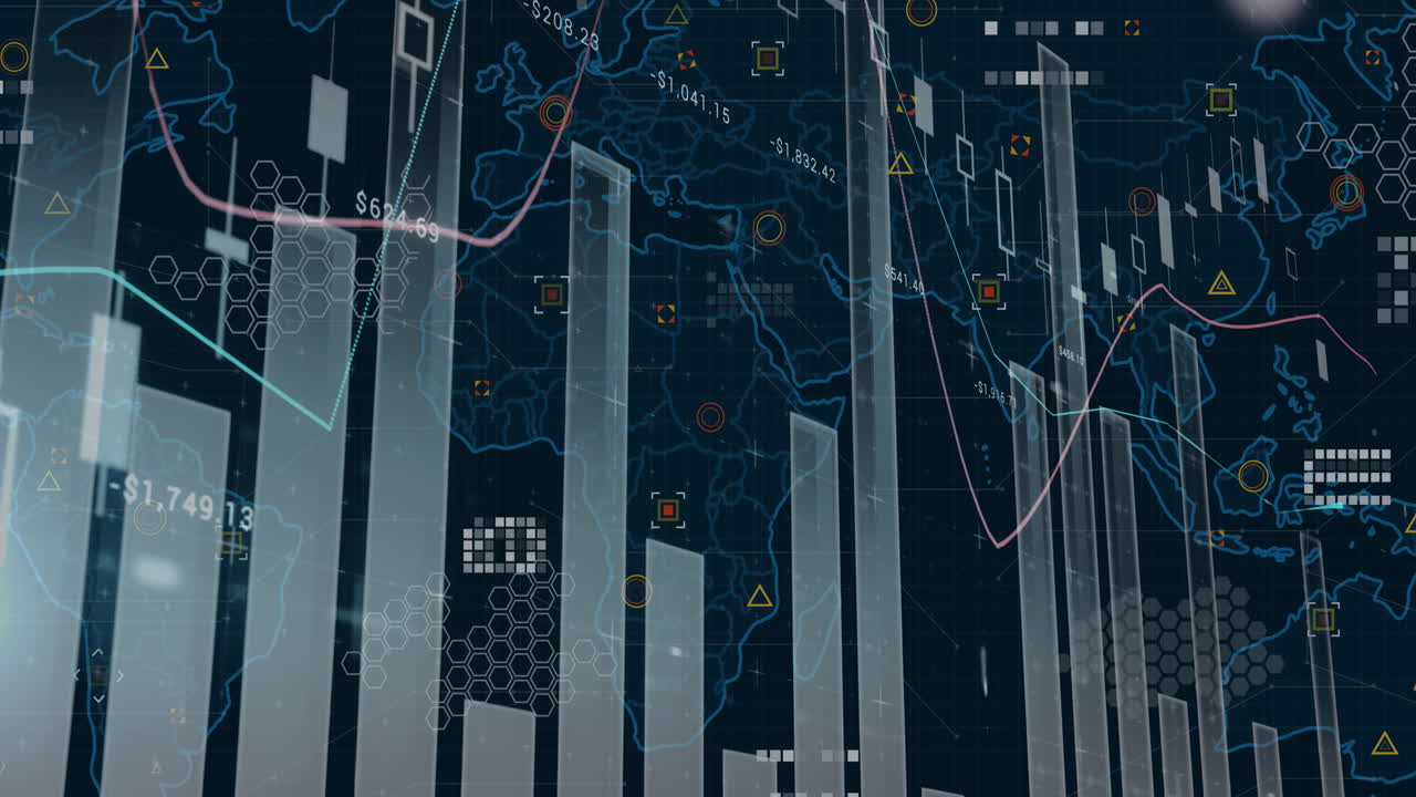 Animation of financial charts overlaying digital map with network connections