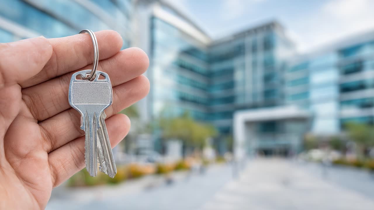 Una Mano Sosteniendo Llaves Frente a un Moderno Edificio de Oficinas, Simbolizando Nuevos Comienzos y Oportunidades en Bienes Raíces o Emprendimientos Comerciales