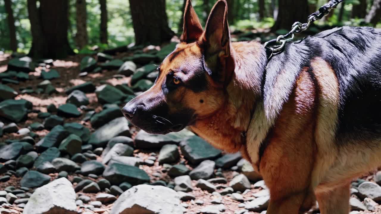 Close-up video of a German Shepherd on a leash in a forest, captured from a low angle