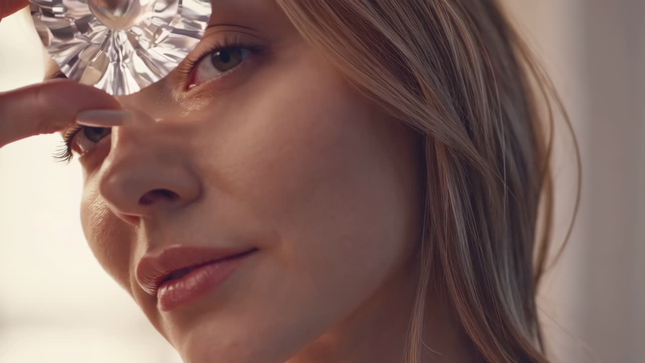 Young Woman Reflecting Light Through a Heart-Shaped Crystal