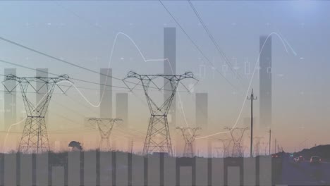 animation of statistical data processing over city traffic and network towers against sunset sky