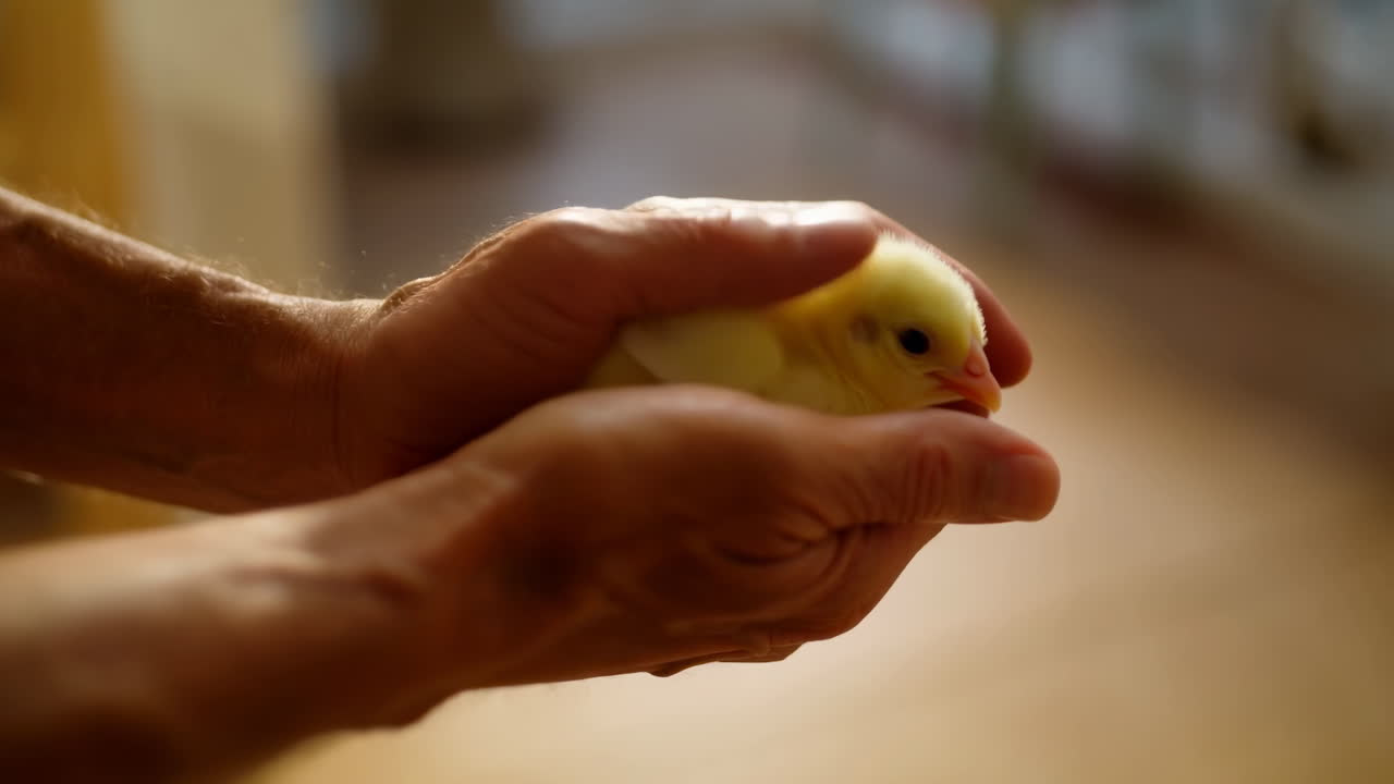Gentle Hands Cradling Yellow Chick Indoors, Soft Sunlight And Warm Tones, Closeup Of Fragile Feathery Chick